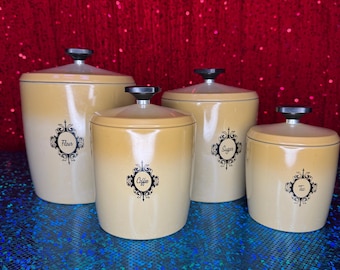 MCM West Bend Canister Set. Nesting 4 pieces Sugar Flour Coffee Tea. Harvest Gold
