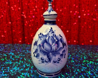 Russian Blue and White Porcelain Decanter Vase. Gzehl church steeple