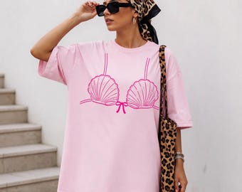T-shirt met schelpenprint in bikini-stijl, oversized T-shirt voor op het strand, grappig zomershirt, shirt voor een vrijgezellenfeest, T-shirtjurk in kuststijl, roze T-shirt met graphic print