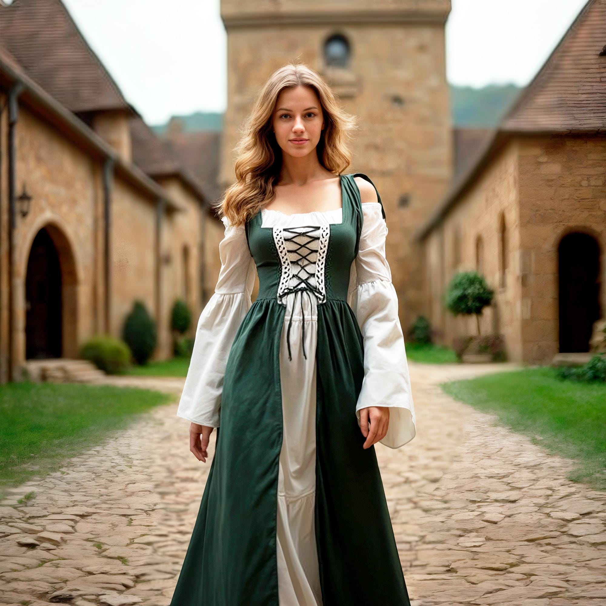 SRTUMEY Victorian Dress For Women Vintage Renaissance Lace Dress Asymmetrical Hem Flared Sleeves Gothic Fairy Steampunk Tailcoat Dress For Women