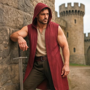 Middeleeuwse ridder wapenrok met capuchon, heren open voorkant vest tuniek met capuchon voor fantasie LARP-cosplaykostuum of renfaire-outfit, Ranger Cape-mantel