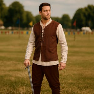 Middeleeuwse Renfaire herenoutfit 3-delig: tuniekshirt, vetervest en broekbroek. LARP Knight Viking-cosplay, volwassen piraat Halloween-kostuum