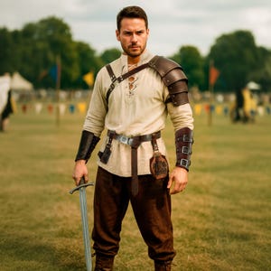 Middeleeuws ridderkostuum 8 delig: tuniekhemd, broek, broek, veganistische leren utility-riem, bretels, gepolsterde schouderpantser. LARP Viking-cosplay