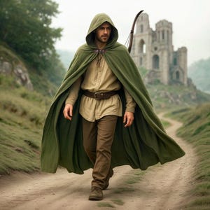 Middeleeuwse linnen capemantel met capuchon, LARP-rollenspel DnD-cosplay Ranger-kostuum, historisch re-enactment, Faire-outfit uit de Renaissance