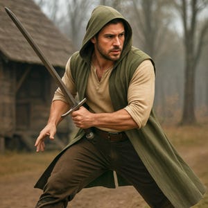 Ridder Viking-mantel met capuchon, middeleeuwse mannen Ranger Cape, bosgroen open vest tuniek met capuchon, Renfast Fantasy LARP-cosplaykostuum