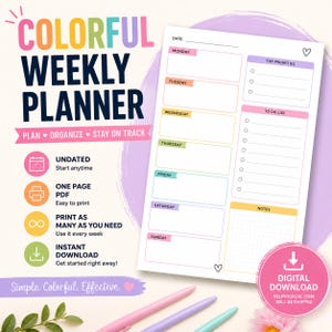 Op de afbeelding: Een kleurrijke weekplanner-sjabloon met een witte pagina met secties voor elke dag van de week, topprioriteiten, een takenlijst en notities. De tekst bevat "COLORFUL WEEKLY PLANNER", "PLAN ORGANIZE STAY ON TRACK" en "DIGITAL DOWNLOAD".