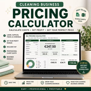 Op de afbeelding: Een prijsberekeningstool voor schoonmaakbedrijven op een laptopscherm. De interface toont taakoverzichten, kostenoverzichten, winstmarges en aanbevolen prijzen in euro's, inclusief iconen voor Google Sheets en Excel-compatibiliteit.