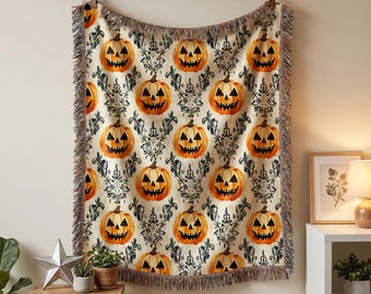 Halloween Tapestry Blanket with Jack-o'-lanterns, Indoor Halloween Decoration, Spooky Gift, Halloween Woven Throw Blanket, Spooky Tapestry