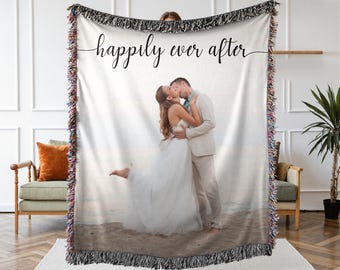 Personalized Photo Wedding Blanket, Woven Cotton Anniversary Gift