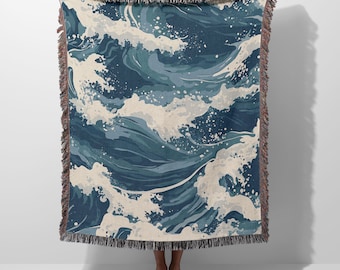 Ocean Wave Woven Cotton Blanket, Beach Blanket, Coastal Nautical Throw, Summer Blanket, USA Made