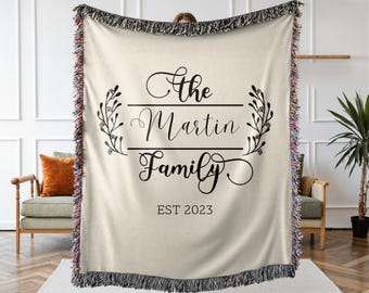 Personalized Family Woven Blanket, 2nd Anniversary Gift, Family Name Blanket, Cotton Anniversary, Housewarming Gift