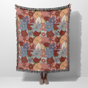 Floral Woven Throw Blanket, Retro Colorful Blanket, Cottagecore Boho Flower Tapestry, Flower Blanket, Maximalist Plant Lover Gift