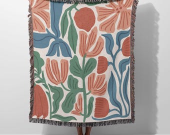 Henri Matisse Inspired Floral Woven Blanket, Abstract Botanical Throw, USA Made