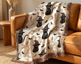 Cute Halloween Blanket With Black Cats and Bats, Halloween Woven Throw Blanket, Indoor Halloween Home Decor, Black Cats Blanket
