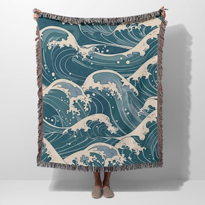 Ocean Wave Throw Blanket, Japanese Waves Woven Tapestry Blanket, Coastal Home Decor, Beach House Gift, Ocean Wave Decor, Nautical Wall Decor