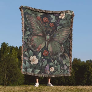 Monarch Butterfly Woven Cotton Blanket, Dark Academia Green Throw
