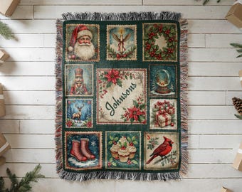 Personalized Christmas Stamp Woven Blanket | Vintage Style Christmas Throw | Family Name Holiday Decor