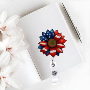 Carrete de insignia de girasol de EE. UU., accesorio de enfermera del 4 de julio, EE. UU., porta identificación patriótico, tarjeta de identificación de enfermera registrada estadounidense, regalo del 4 de julio, regalo rojo, blanco y azul
