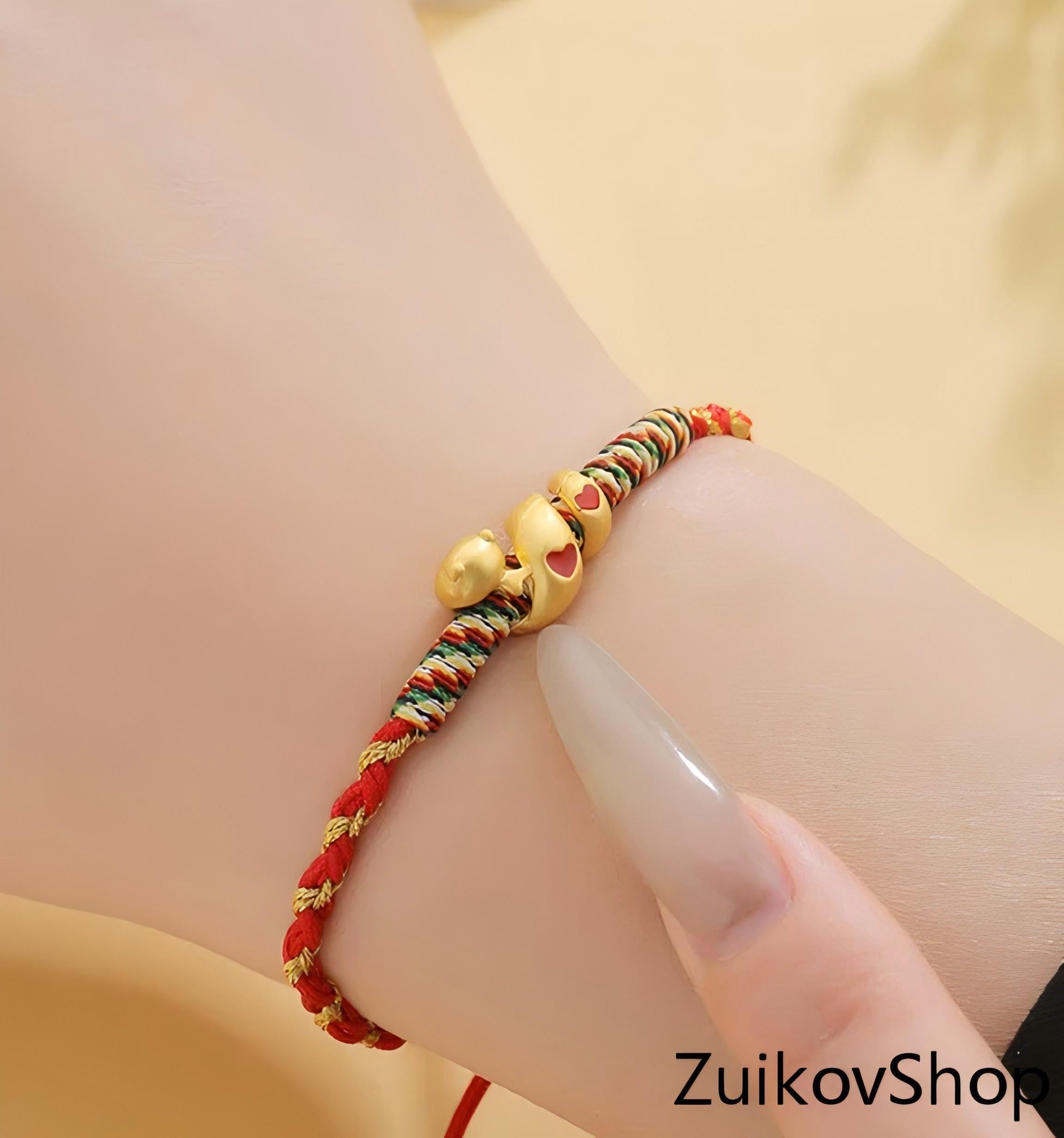 Red String Bracelet With Copper Brass Heart Snake Design