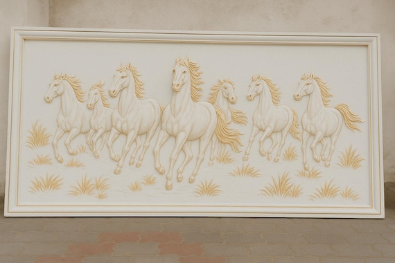 3D White 7 Horses Wall Art Panel | Vaastu Running Horse Decor