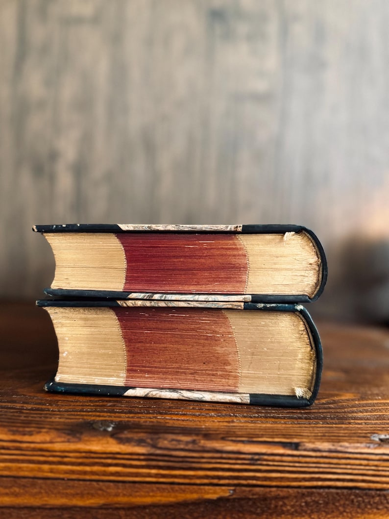 Puede incluir: Dos libros antiguos apilados. Tienen cubiertas azul oscuro con letras doradas y p&aacute;ginas envejecidas de color marr&oacute;n rojizo. Los bordes de las p&aacute;ginas son de color amarillo dorado. Los libros descansan sobre una superficie de madera.