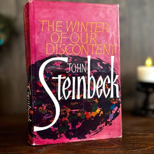 Op de afbeelding: Een hardcover boek getiteld The Winter of Our Discontent van John Steinbeck. De voorkant heeft een levendige magentakleurige achtergrond met gele tekst en een grote, gestileerde witte letter S over een donker, abstract cirkelvormig patroon.