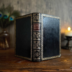 Può includere: Un libro rilegato in pelle nera intitolato History of British Costume con bordi decorativi dorati sulle copertine e sul dorso. Il dorso presenta nervature e intricati motivi in filigrana d'oro tra le scritte.