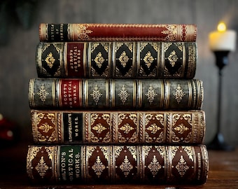 Libros antiguos de poesía victoriana en cuero: Milton, Byron, Tennyson, Scott, Longfellow – Dark Academia Decor