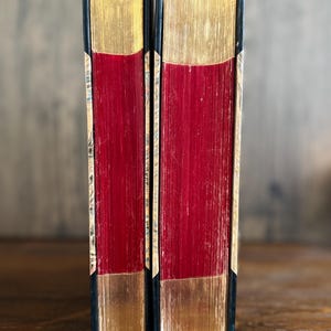 Puede incluir: Dos libros antiguos con cubiertas rojas y bordes dorados. Las espinas son negras y las p&aacute;ginas son de color rojo intenso. Los bordes superior e inferior de las p&aacute;ginas son dorados, creando un contraste llamativo. Los libros est&aacute;n de pie.