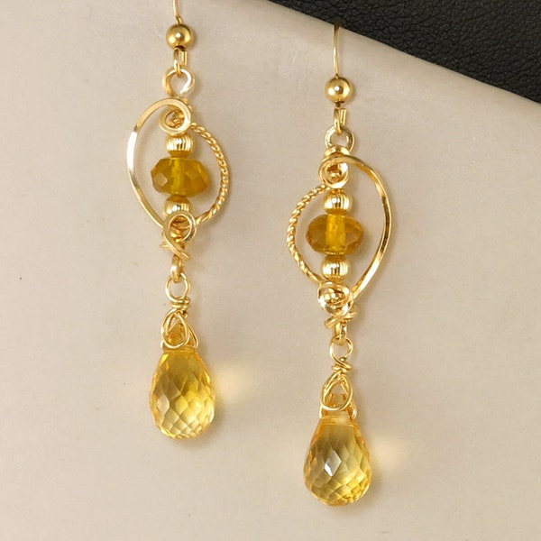 Yellow Citrine Gemstone Gold Dangle Earrings, Golden Yellow Wire Wrapped Earrings