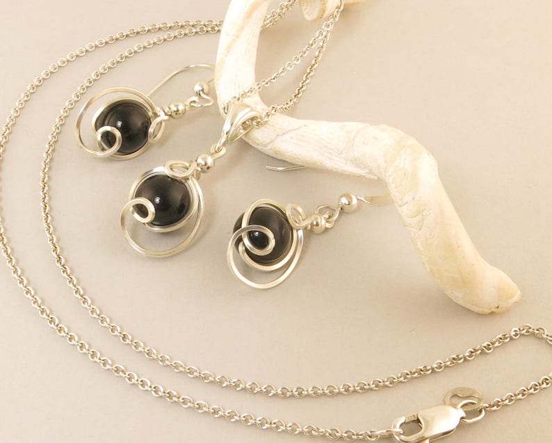 Black Gemstone Drop Pendant Chain Necklace Set Black Onyx Argentium Silver Jewelry Black Onyx Sterling Silver Necklace Jewelry Gift Set