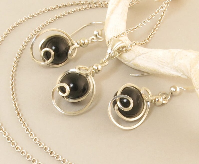 Black Gemstone Drop Pendant Chain Necklace Set Black Onyx Argentium Silver Jewelry Black Onyx Sterling Silver Necklace Jewelry Gift Set
