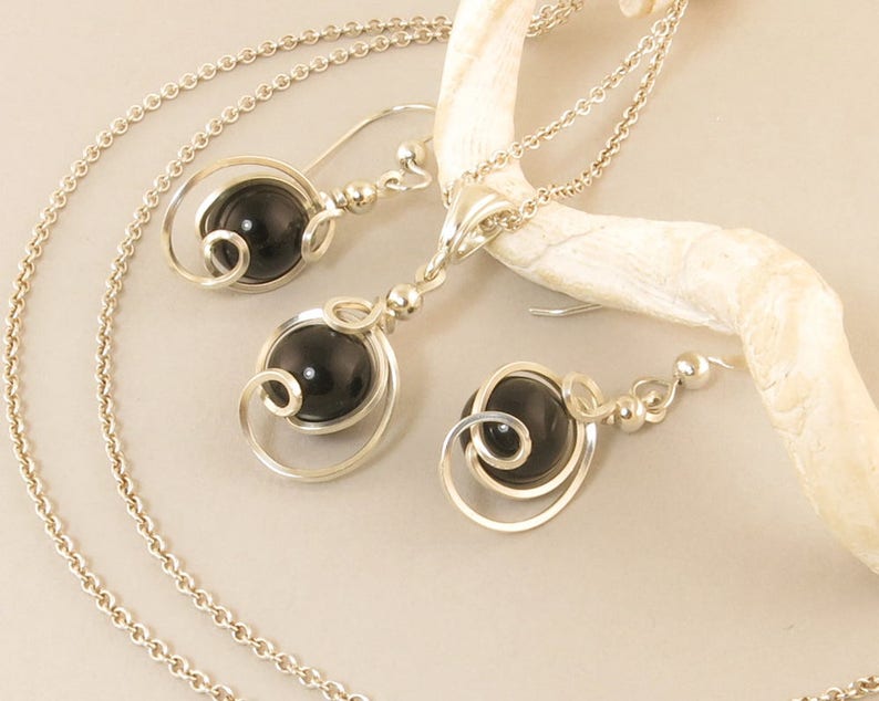 Black Gemstone Drop Pendant Chain Necklace Set Black Onyx Argentium Silver Jewelry Black Onyx Sterling Silver Necklace Jewelry Gift Set