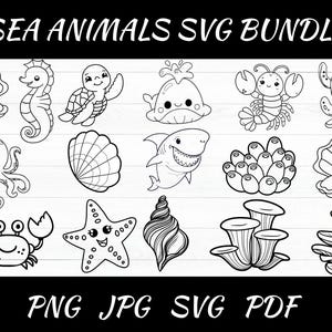 Sea Animals SVG, Ocean Svg, Sea Life Svg, Octopus Svg, Shark Svg, Seashell Svg, Dolphin Svg, Crab Svg, Ocean Animals Svg, Sea Animals Png