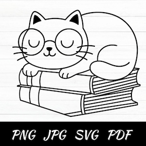 Kawaii Cat with Glasses SVG: Nerd Cat on Books Cut File