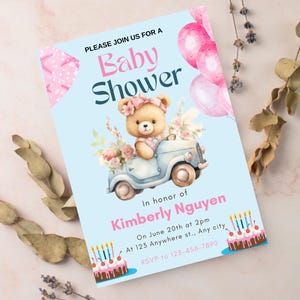 Teddy Bear Baby Shower Invitation, Toilede Jouy Baby Shower Invitation, Boy Baby Shower Invitation Set Template, Boho Baby Shower Invitation
