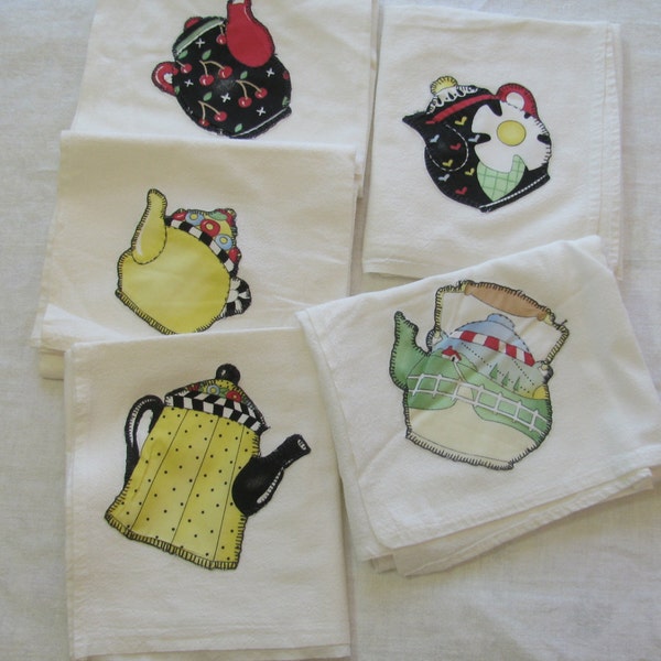 5 Vintage Mary Engelbreit Teapots Applique Muslin Kitchen Dish Towels
