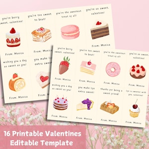Afdrukbare Valentijnsdag voor kinderen, zoete lekkernijen en desserts, bewerkbare minikaarten voor school, Sweet Valentine 16 eenvoudige ontwerpen