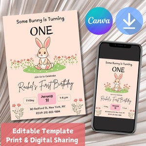 Some Bunny is Turning One bewerkbare uitnodiging, schattige cartoon konijntje, afdrukbare sjabloon 1e verjaardag, digitale feestuitnodiging, roze konijn met bloemen