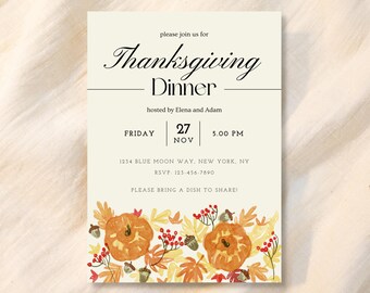 Plantilla de invitación para cena de Acción de Gracias, elegante invitación, editable en Canva (descarga digital)