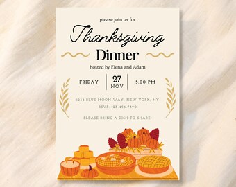 Thanksgiving Dinner Invitation Template, Modern Thanksgiving Dinner Invite, Editable on Canva (Digital Download)