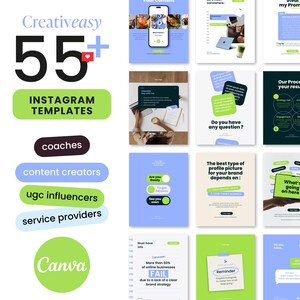 Peut inclure: Une collection de plus de 55 modèles Instagram présentant une variété de mises en page avec du texte, des graphiques et des espaces réservés pour des images. Les designs utilisent une palette de bleu clair, vert lime, noir et blanc.
