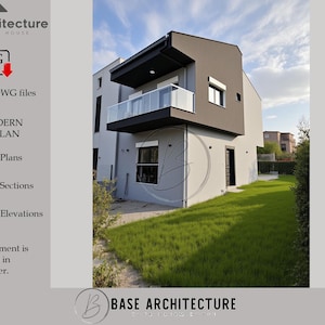 May include: Modern villa plan with a gray and brown exterior, featuring a balcony with glass railings and a well-manicured lawn. The image includes text: "3+1 MODERN VILLA PLAN" and "Digital DWG files".