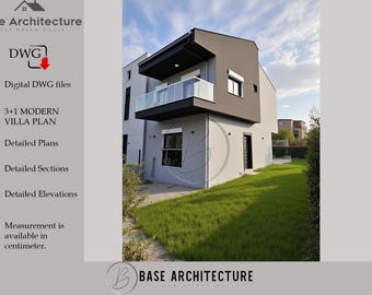 May include: Modern villa plan with a gray and brown exterior, featuring a balcony with glass railings and a well-manicured lawn. The image includes text: "3+1 MODERN VILLA PLAN" and "Digital DWG files".