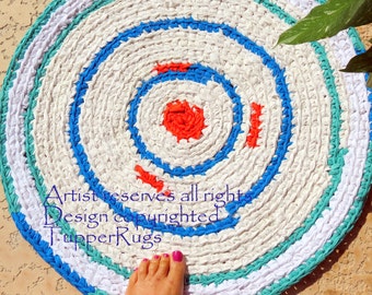Crochet rag rug, 24", perfect for small spaces, handmade in USA, coral, blue, warm white and cool white, cottage style, farmhouse style