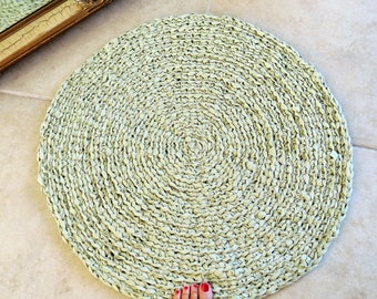 Beach green rag rug, "braided" crochet rag rug, nursery rug, handmade in USA, ready to ship