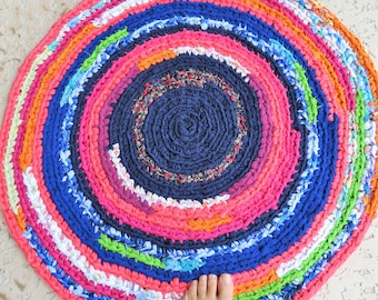 Rag rug, "braided" crochet rag rug, baby, bedding, farmhouse, bright nursery rug, powder room rug, accent rug, small round rug