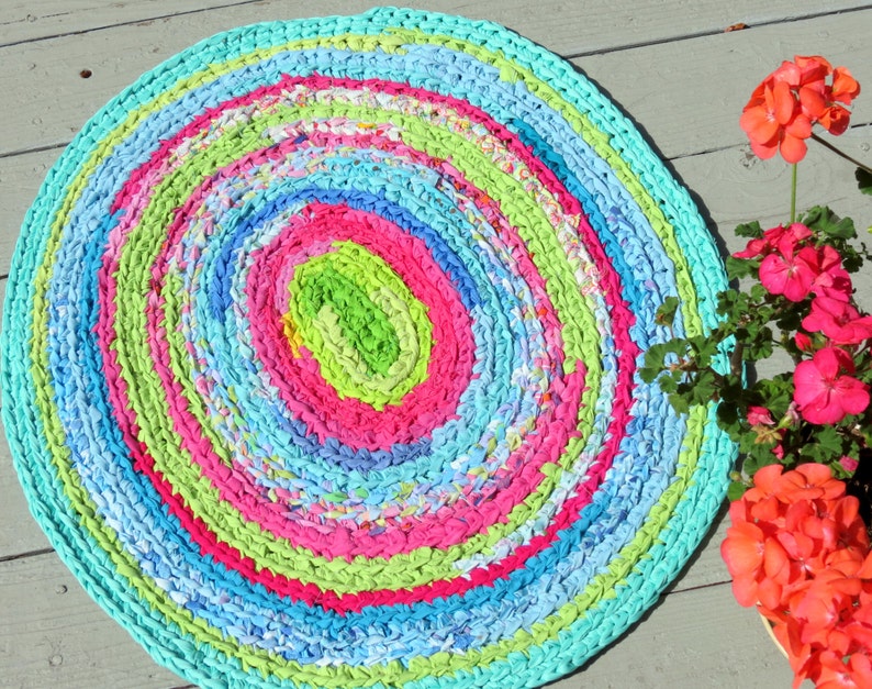 Rag Rug Braided Crochet Lilly Pulitzer Inspired Beach Decor Shabby Chic Preppy Or Boho Nursery Hot Pink Lime Green Nursery Rug