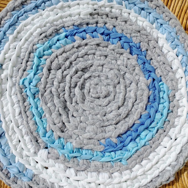 Farmhouse chair pad round, crochet "braided" chair pad, boho shabby chic, back porch, zero waste, upcycled