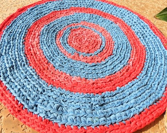 Farmhouse rag rug, red coral, red coral powder room, nautical decor, rustic "braided" rug, baby, red coral and blue